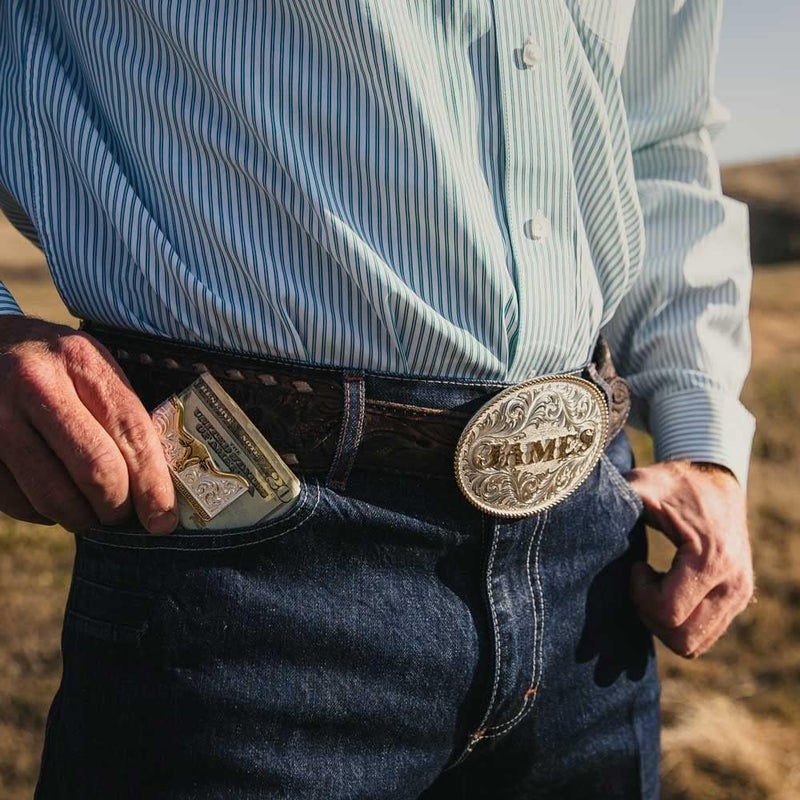 Montana Silversmiths مشبك نقود بأسلوب الحياة الغربي مصنوع في الولايات المتحدة الأمريكية (قرن طويل منحوت بلونين) - Image 2